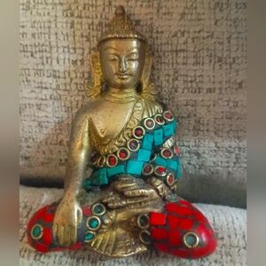 Decorative 3" Brass Buddha Figurine with Mosaic Accents